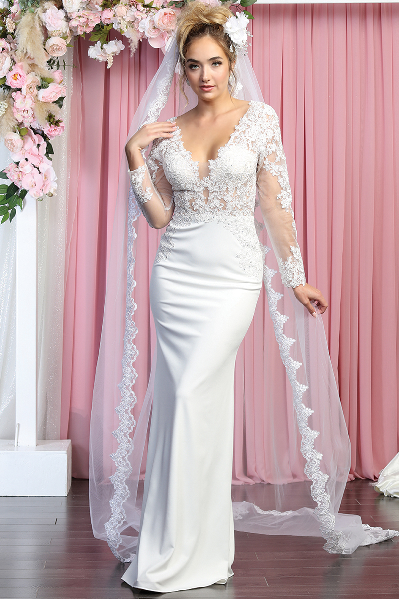 V Neck Sheer Long Sleeve Wedding Dress